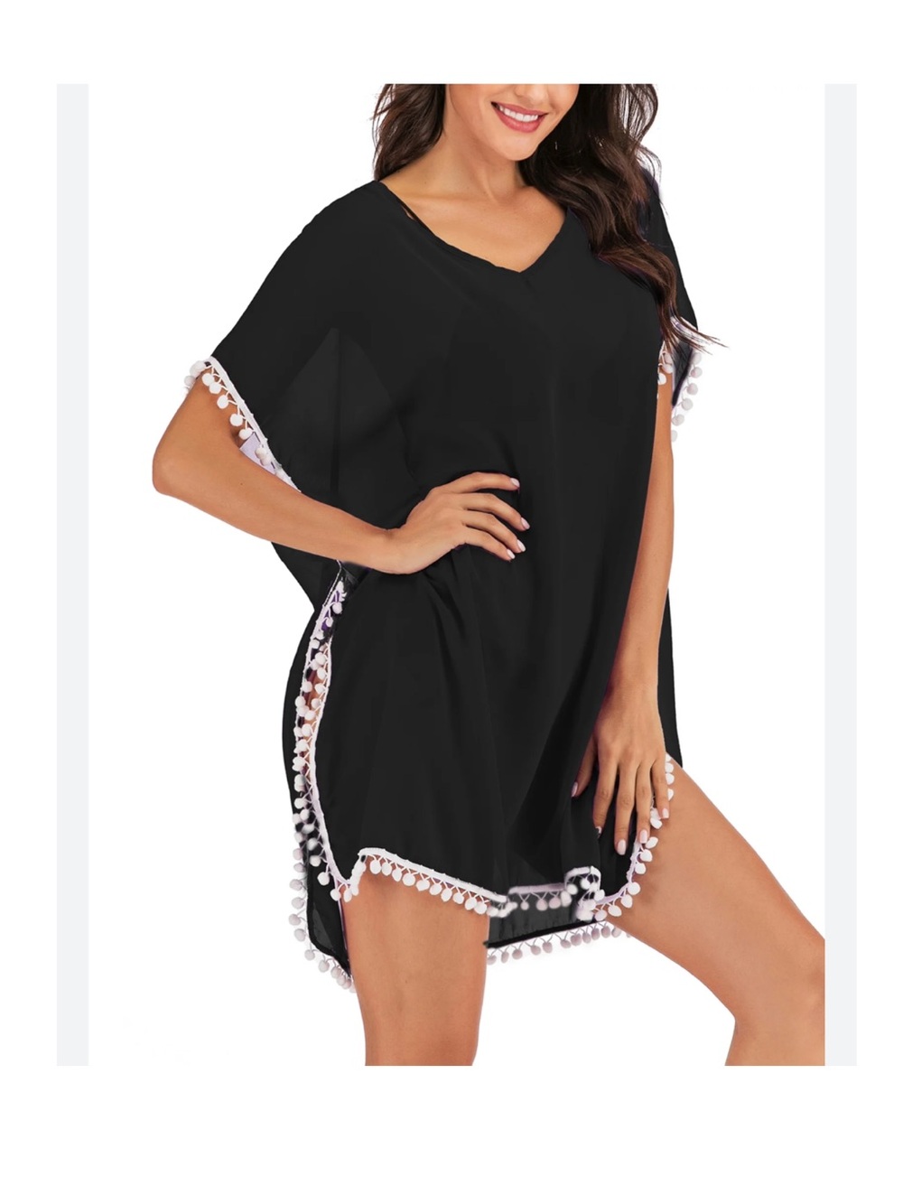 NWT ADREAMLY black kaftan swim cover up pom pom trim OS